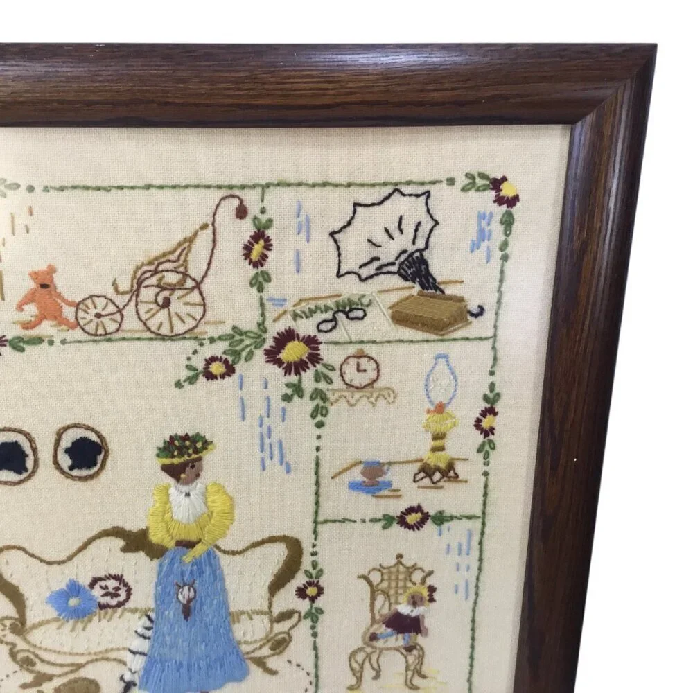 Vtg Finished Framed Crewel Embroidery Spinnerin Nostalgia 326 Elaine Thompson